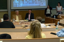 Merrill Thompson, left, and his son, Bradley, meet with undergraduate students to talk about preparation for law school during a recent visit to the University of Illinois. (Photo courtesy of the Department of Economics.)